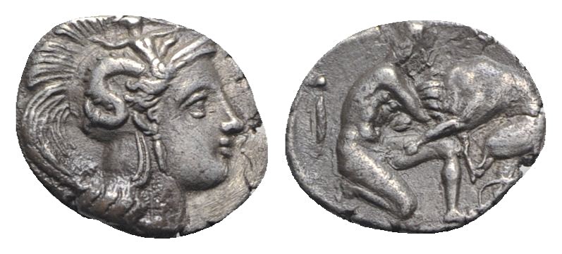 Southern Apulia, Tarentum, c. 380-325 BC. AR Diobol (11mm, 1.28g, 6h). Head of A...