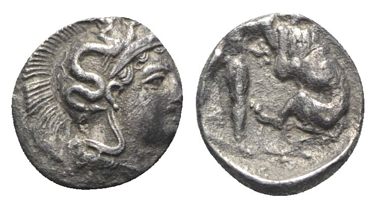 Southern Apulia, Tarentum, c. 380-325 BC. AR Diobol (10mm, 1.03g, 12h). Helmeted...