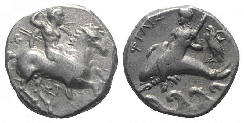 Southern Apulia, Tarentum, c. 290-281 BC. AR Nomos (19mm, 7.83g, 9h). Nude warri...