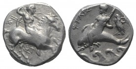 Southern Apulia, Tarentum, c. 290-281 BC. AR Nomos (19mm, 7.83g, 9h). Nude warrior on horseback right, holding two spears and shield, preparing to cas...