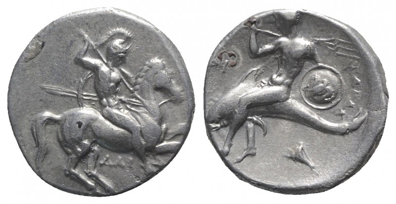 Southern Apulia, Tarentum, c. 302-290 BC. AR Nomos (20mm, 7.84g, 6h). Warrior, h...