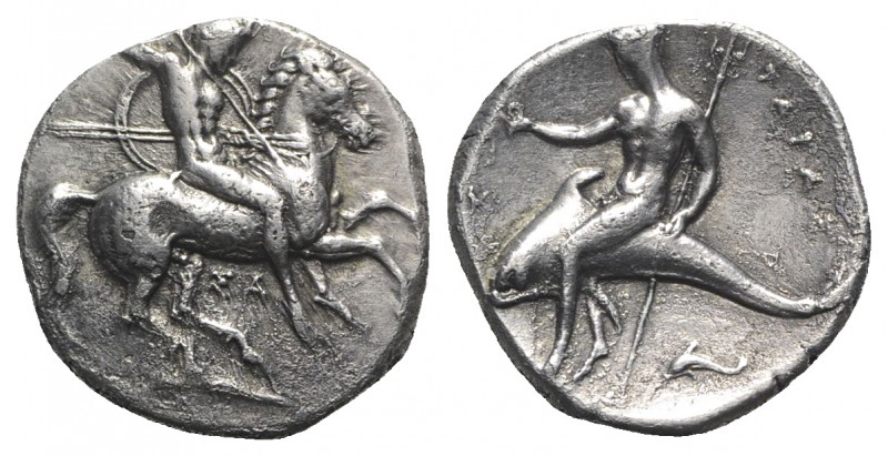 Southern Apulia, Tarentum, c. 315-302 BC. AR Nomos (21mm, 7.89g, 1h). Warrior, h...