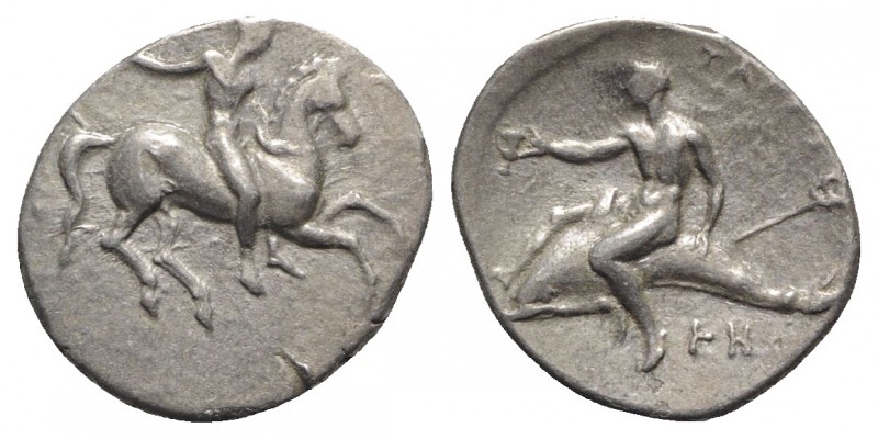 Southern Apulia, Tarentum, c. 320-315 BC. AR Nomos (20mm, 7.70g, 5h). Rider on h...