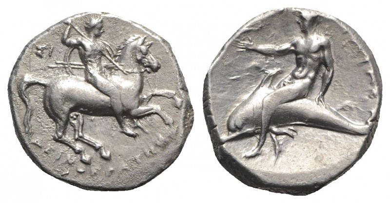 Southern Apulia, Tarentum, c. 302-280 BC. AR Nomos (21mm, 7.08g, 12h). Warrior o...