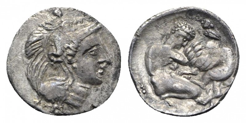 Southern Apulia, Tarentum, c. 325-280 BC. AR Diobol (11mm, 0.82g, 3h). Helmeted ...