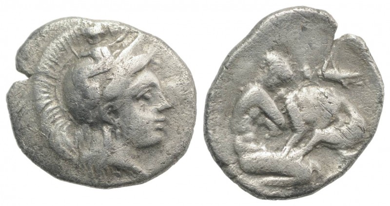 Southern Apulia, Tarentum, c. 325-280 BC. AR Diobol (11mm, 1.09g, 1h). Helmeted ...