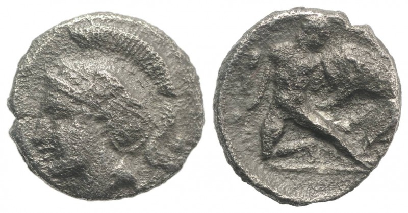 Southern Apulia, Tarentum, c. 325-280 BC. AR Diobol (10mm, 0.98g, 3h). Helmeted ...