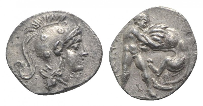 Southern Apulia, Tarentum, c. 325-280 BC. AR Diobol (11mm, 0.97g, 9h). Helmeted ...