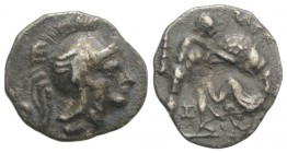 Southern Apulia, Tarentum, c. 325-280 BC. AR Diobol (11mm, 0.90g, 3h). Head of Athena r., wearing crested Attic helmet. R/ Herakles standing facing, s...