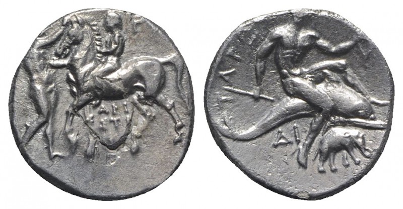 Southern Apulia, Tarentum, c. 280-272 BC. AR Nomos (21mm, 6.19g, 1h). Youth on h...