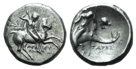 Southern Apulia, Tarentum, c. 272-240 BC. AR Nomos (19.5mm, 6.36g, 11h). Aristokles and Di-, magistrates. Horseman r., holding shield and two spears, ...