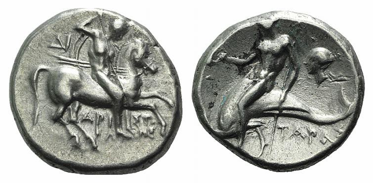 Southern Apulia, Tarentum, c. 272-240 BC. AR Nomos (19mm, 6.24g, 11h). Aristokle...