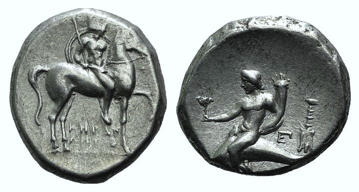 Southern Apulia, Tarentum, c. 272-240 BC. AR Nomos (19mm, 6.34g, 11h). Helmeted ...