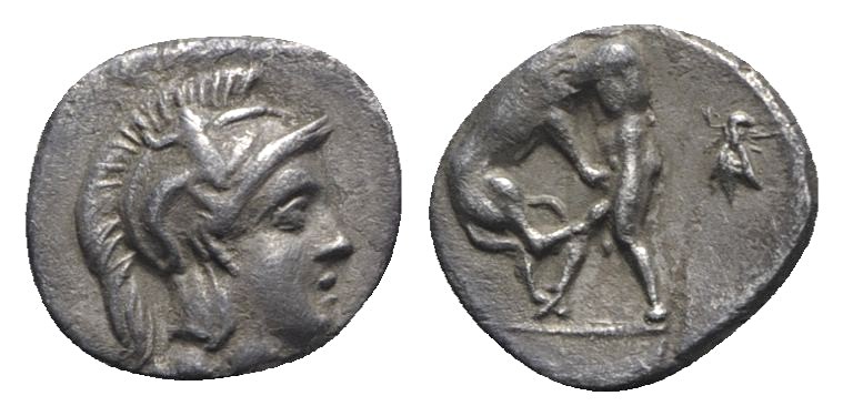 Southern Apulia, Tarentum, c. 280-228 BC. AR Diobol (10mm, 1.06g, 6h). Helmeted ...