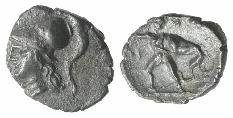 Southern Apulia, Tarentum, c. 280-228 BC. AR Diobol (11mm, 0.87g, 11h). Helmeted...