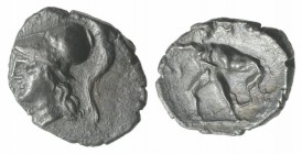 Southern Apulia, Tarentum, c. 280-228 BC. AR Diobol (11mm, 0.87g, 11h). Helmeted head of Athena l., wearing Corinthian helmet. R/ Herakles strangling ...
