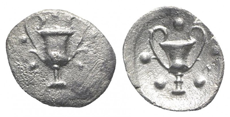 Southern Apulia, Tarentum, c. 280-228 BC. AR Obol (10mm, 0.51g, 9h). Kantharos; ...