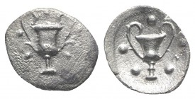 Southern Apulia, Tarentum, c. 280-228 BC. AR Obol (10mm, 0.51g, 9h). Kantharos; five pellets around. R/ Kantharos; five pellets around; H to r. Vlasto...
