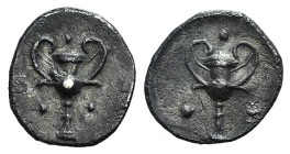 Southern Apulia, Tarentum, c. 280-228 BC. AR Obol (10mm, 0.28g, 4h). Kantharos; three pellets around. R/ Kantharos; tripod to r. Vlasto 1642; HNItaly ...