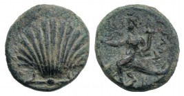 Southern Apulia, Tarentum, c. 275-200 BC. Æ (14mm, 2.97g, 12h). Shell. R/ Phalanthos, holding kantharos and cornucopia, riding dolphin l. Vlasto 1824;...