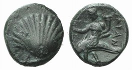 Southern Apulia, Tarentum, c. 275-200 BC. Æ (13mm, 2.33g, 12h). Shell. R/ Phalanthos, holding kantharos and cornucopia, riding dolphin l. Vlasto 1824;...