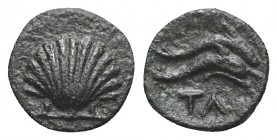 Southern Apulia, Tarentum, c. 275-200 BC. Æ (10mm, 1.24g, 6h). Shell. R/ Two dolphins r.; TA below. Vlasto 1842; HNItaly 1088. Very Rare, dark green p...