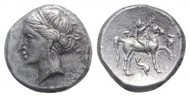 Southern Apulia, Tarentum. Campano-Tarentine series, c. 281-272 BC. AR Didrachm (19mm, 6.94g, 6h). Diademed head of Satyra l., wearing triple-pendant ...