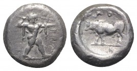 Northern Lucania, Poseidonia, c. 445-420 BC. AR Stater (17mm, 7.75g, 6h). Poseidon advancing r., wielding trident overhead. R/ Bull standing l. within...