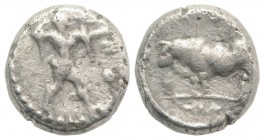 Northern Lucania, Poseidonia, c. 445-420 BC. AR Diobol (8mm, 1.32g, 12h). Poseidon walking r., wielding trident. R/ Bull standing l. HNItaly 1119; SNG...