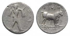 Northern Lucania, Poseidonia, c. 445-420 BC. AR Diobol (11mm, 1.10g, 12h). Poseidon walking r., wielding trident. R/ Bull standing r. HNItaly 1119; SN...