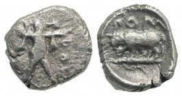 Northern Lucania, Poseidonia, c. 445-420 BC. AR Obol (5mm, 0.37g, 9h). Poseidon standing r. R/ Bull standing l. HNItaly 1121; SNG ANS 642-4. VF