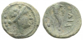 Northern Lucania, Paestum, 218-201 BC. Æ Triens (17mm, 3.52g, 6h). Female head r. wearing ivy wreath; four pellets to l. R/ Cornucopia; four pellets a...