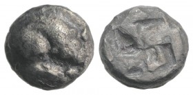 Northern Lucania, Velia, c. 535-480 BC. AR Drachm (12mm, 3.27g). Forepart of lion r. R/ Incuse square. HNItaly 1259; SNG ANS 1202. Dark patina, Good F...