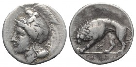 Northern Lucania, Velia, c. 334-300 BC. AR Didrachm (20mm, 7.39g, 6h). Helmeted head of Athena l.; monogram behind neck. R/ Lion standing l.; monogram...