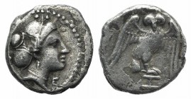 Northern Lucania, Velia, c. 300-280 BC. AR Diobol (9mm, 0.90g, 5h). Head of nymph r., hair in sakkos. R/ Owl facing with spread wings, standing on Z. ...