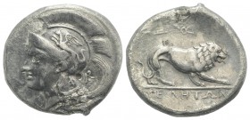 Northern Lucania, Velia, c. 280 BC. AR Stater (23mm, 7.14g, 6h). Helmeted head of Athena l., Φ on neck flap; monogram behind neck. R/ Lion standing r....