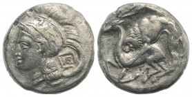 Northern Lucania, Velia, c. 280 BC. AR Didrachm (20mm, 6.50g, 12h). Helmeted head of Athena l., helmet decorated with griffin, palmette on neck guard;...