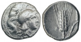 Southern Lucania, the Lucani or Metapontion, c. 280-278 BC. AR Drachm (15mm, 2.67g, 3h). Helmeted head of Athena r. R/ Barley grain with leaf to r.; c...