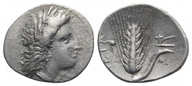 Southern Lucania, Metapontion, c. 325-275 BC. AR Stater (23mm, 7.80g, 12h). Head of Demeter r., wearing grain-ear wreath and earring; Δ[AI] below chin...
