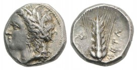 Southern Lucania, Metapontion, c. 330-290 BC. AR Stater (19mm, 7.95g, 3h). Wreathed head of Demeter l. R/ Barley ear with leaf to l.; above leaf, grif...