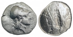Southern Lucania, Metapontion, c. 325-275 BC. AR Diobol (11.5mm, 0.97g, 6h). Helmeted head of Athena r. R/ Grain ear with leaf to r.; cornucopia above...