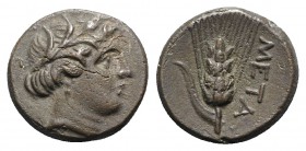 Southern Lucania, Metapontion, c. 300-250 BC. Æ (13mm, 3.15g, 6h). Wreathed head of Demeter r., wearing earring and necklace. R/ Grain ear with leaf t...