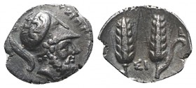Southern Lucania, Metapontion, c. 280-279 BC. AR Triobol (12mm, 1.11g, 7h). Bearded head of Leukippos r., wearing crested Corinthian helmet decorated ...