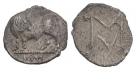 Southern Lucania, Sybaris, c. 550-510 BC. AR Obol (9mm, 0.44g, 1h). Bull standing l., head r.; VM in exergue. R/ Large MV monogram; pellets at corners...