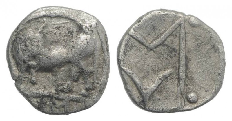 Southern Lucania, Sybaris, c. 550-510 BC. AR Obol (8mm, 0.44g, 3h). Bull standin...