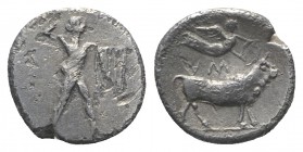 Southern Lucania, Sybaris, c. 453-448 BC. AR Triobol (9mm, 1.23g, 3h). Poseidon standing r., holding drapery. R/ Bull standing r., crowned by flying n...