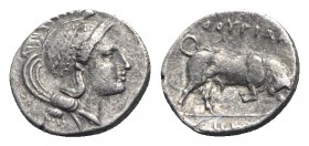 Southern Lucania, Thourioi, c. 443-400 BC. AR Triobol (9mm, 1.03g, 7h). Helmeted head of Athena r., helmet decorated with wreath. R/ Bull standing r. ...