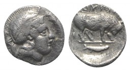 Southern Lucania, Thourioi, c. 443-400 BC. AR Triobol (10mm, 0.86g, 9h). Helmeted head of Athena r., helmet decorated with wreath. R/ Bull standing r....