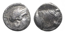 Southern Lucania, Thourioi, c. 443-400 BC. AR Obol (6mm, 0.34g, 11h). Helmeted head of Athena r. R/ Forepart of bull r. HNItaly 1779. VF