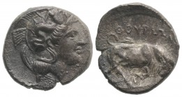 Southern Lucania, Thourioi, c. 400-350 BC. AR Triobol (11mm, 1.22g, 11h). Helmeted head of Athena r., helmet decorated with Skylla holding trident. R/...